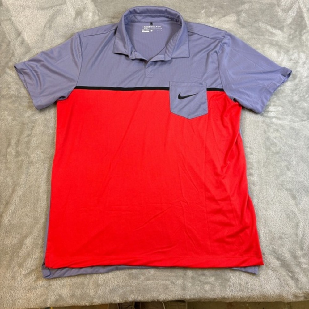 Nike Polo Shirt Mens Large Red Purple Golf Dri Fit Colorblock Colorfulâ Swoosh